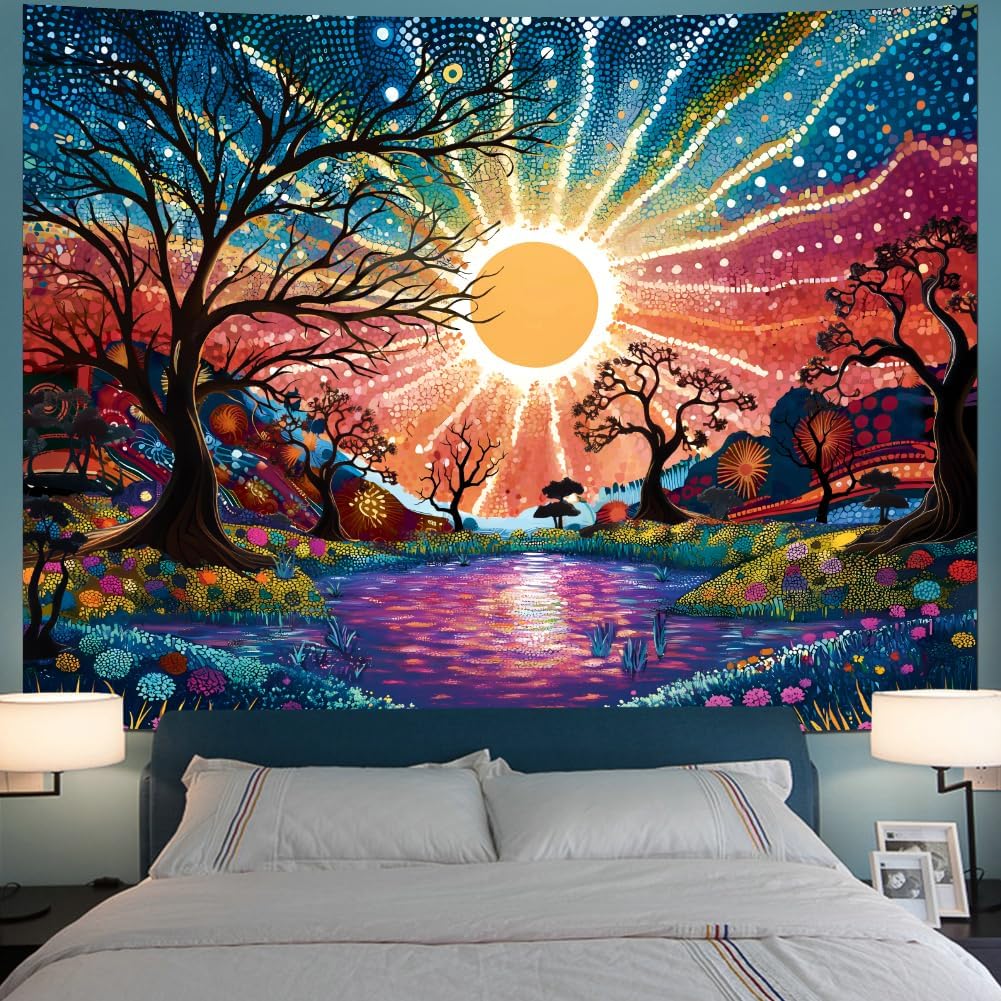 Serborlur Tree of Life Tapestry Trippy Sun Forest Tapestries Colorful Starry Sky Tapestries Hippie Nature Landscape Wall Tapestry Aesthetic Vintage Wall Hanging for Bedroom (59.1" × 78.7")