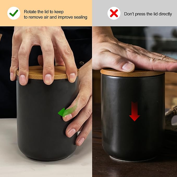 Black Canister Sets for Kitchen, 3pcs Ceramic Canisters with Airtight Wooden Lid, Food Storage Jar, Large Kitchen Storage Containers for Serving Coffee Beans, Tea, Sugar, Salt, Spices