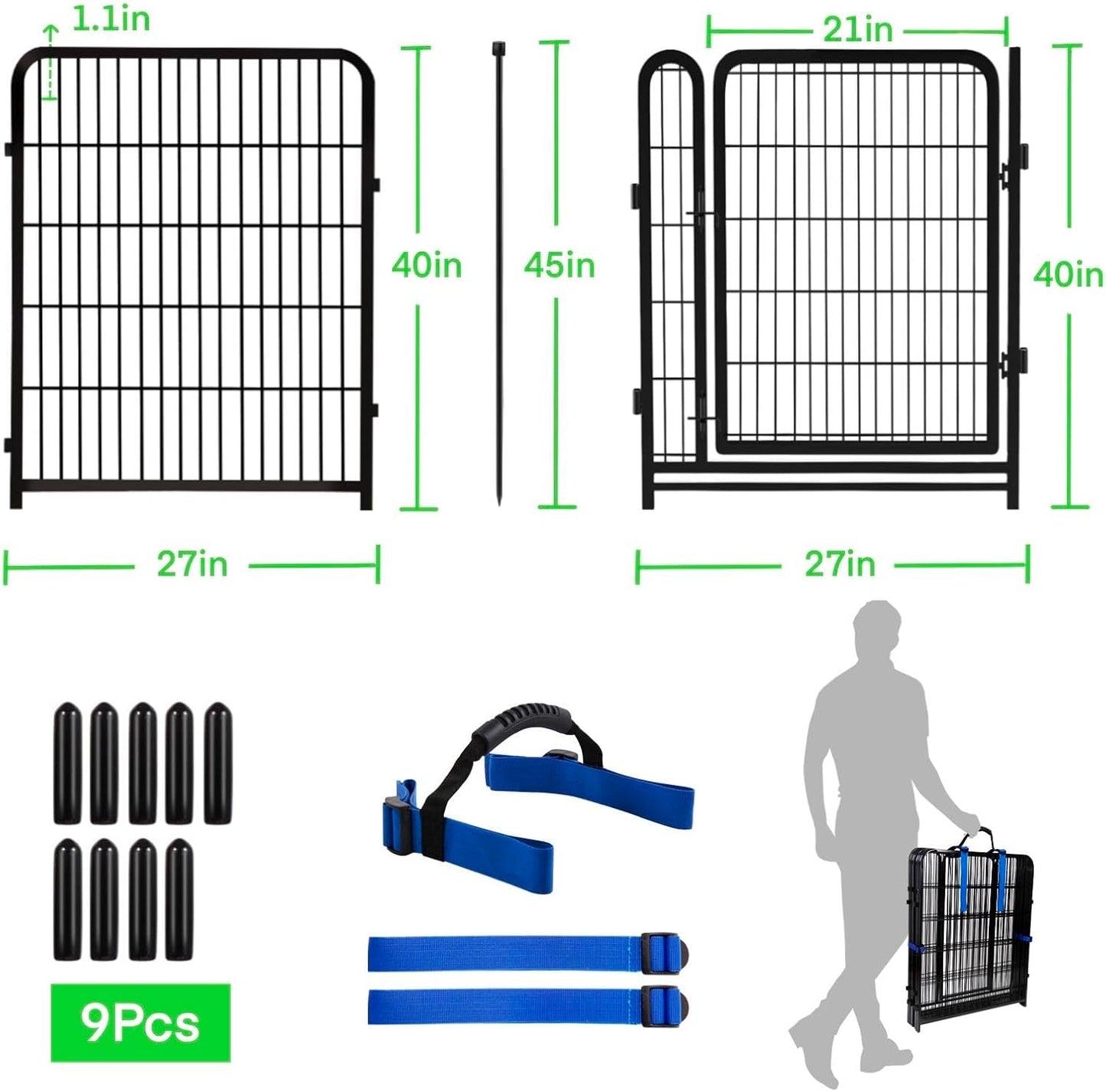 Garden Fence 40 inch High, Dog Fence Outdoor for Yard, 21" Wide Low Threshold Gate, Fencing for Garden Beds, Garden Fence Border,Animal Barrier Fence, Rabbit Fence, 8 Panels Total 17.7 Ft(L)