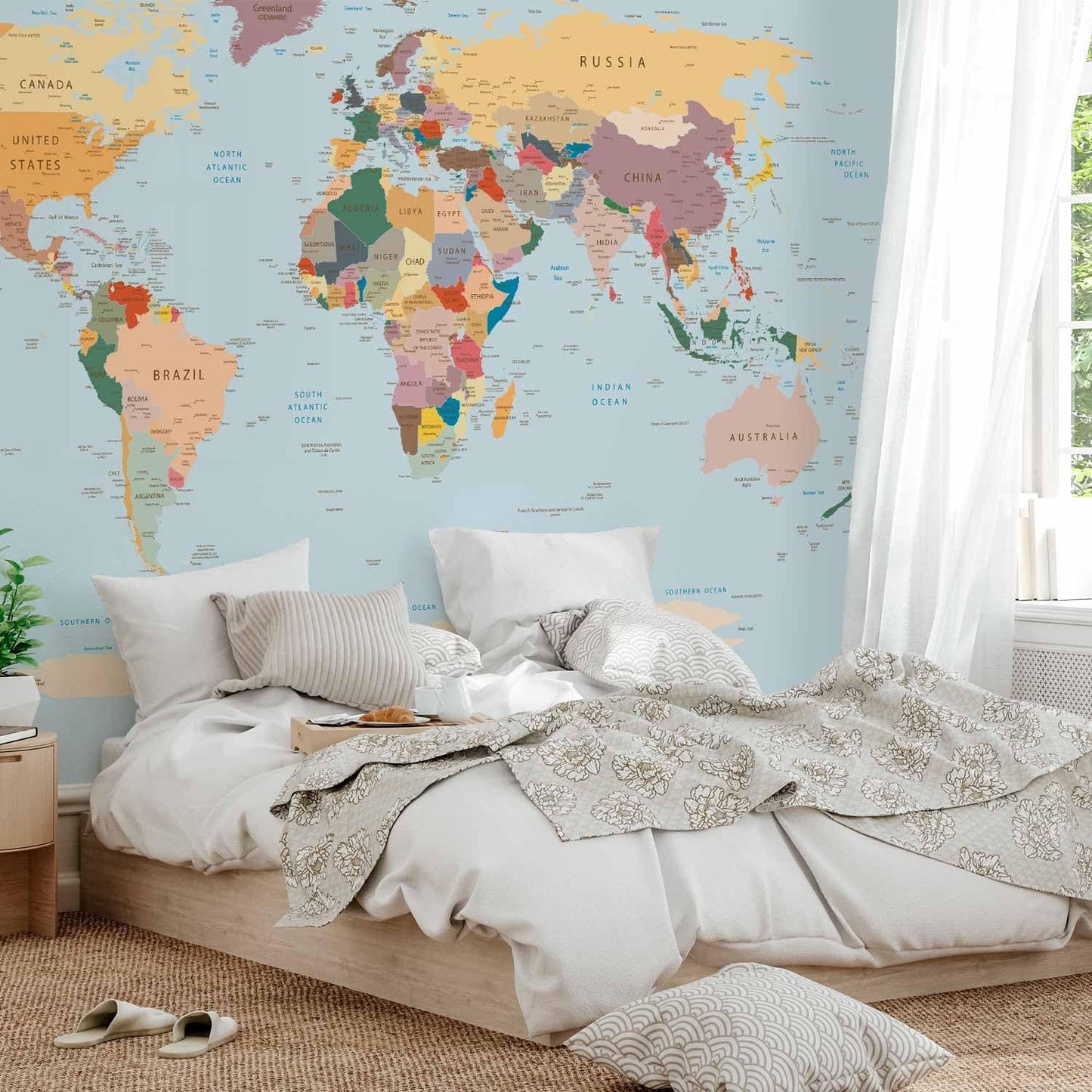 artgeist Premium Wall Mural World Map 177x124 in - XXL Non-Woven Wallpaper Fleece Wall Decor Photo Print Picture Image Design Home Map of The World k-B-0001-a-c