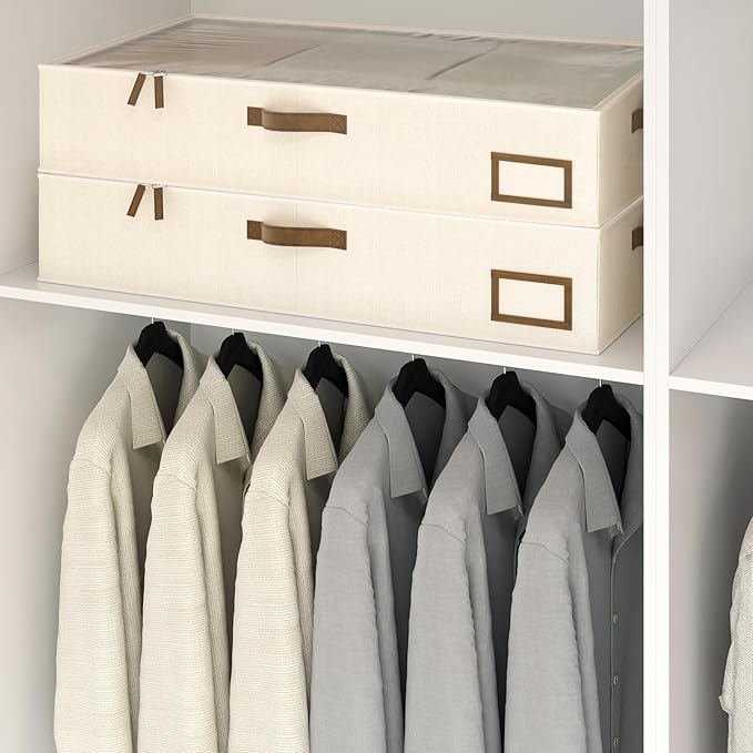 Under Bed Storage Containers, 2-Pack Underbed Storage Box, Collapsible Clothes Storage Bins with Handles and Lid, Medium Under Bed Organizers for Shoe, Blanket, Toy, Pillow, Sheet, Beige