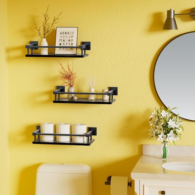 Alise Glass Shelves for Bathroom Wall, Tempered Glass Bathroom Shelf Wall Mounted, Modern Space Saving Floating Shelves 12 inch, Matte Black