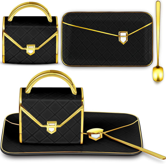 Zubebe 1 Set Coffee Mug Elegant Handbag Shaped Cup Modern Ceramic Purse Mug with Spoon and Saucer, 10oz Cute Creative Tea Cup for Office Home Woman Girls Gift (Black)