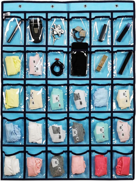 Classroom Pocket Chart for Phone Calculator Holder Over The Door Hanging Closet Jewelry Organizer with 30 Clear Pockets (Blue)