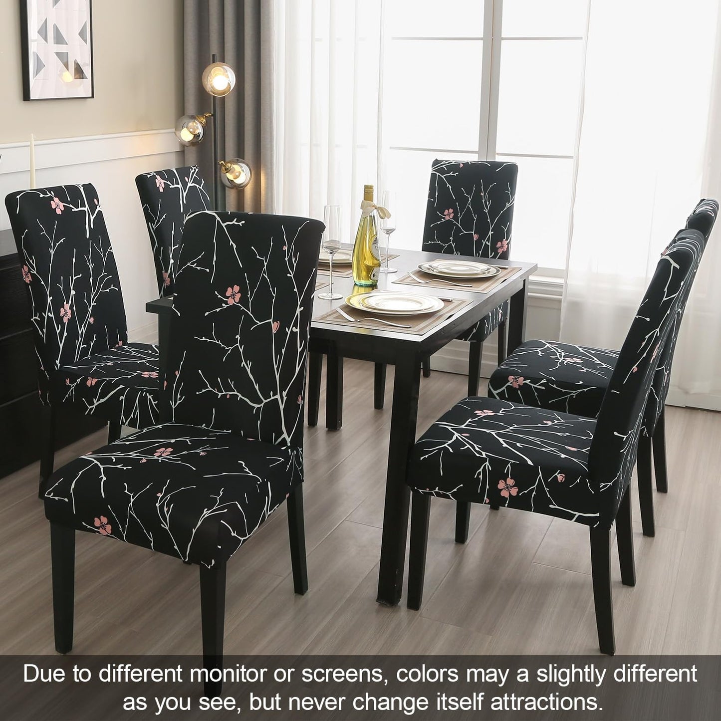 JQinHome Pattern Chair Covers for Dining Room Set of 4, High Stretch Removable Washable Parsons Chair Slipcover for Home Party Hotel Wedding Ceremony (Flourish Black,4PCS)