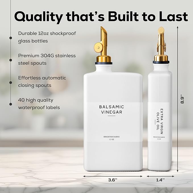 White Glass Olive Oil Dispenser Bottle for Kitchen by Brighter Barns - Avocado Oil Dispenser Set, Vanilla Syrup Bottle - Modern Decor, Gold Kitchen Accessories for Home, Airbnb, Cafe (White, Set of 2)