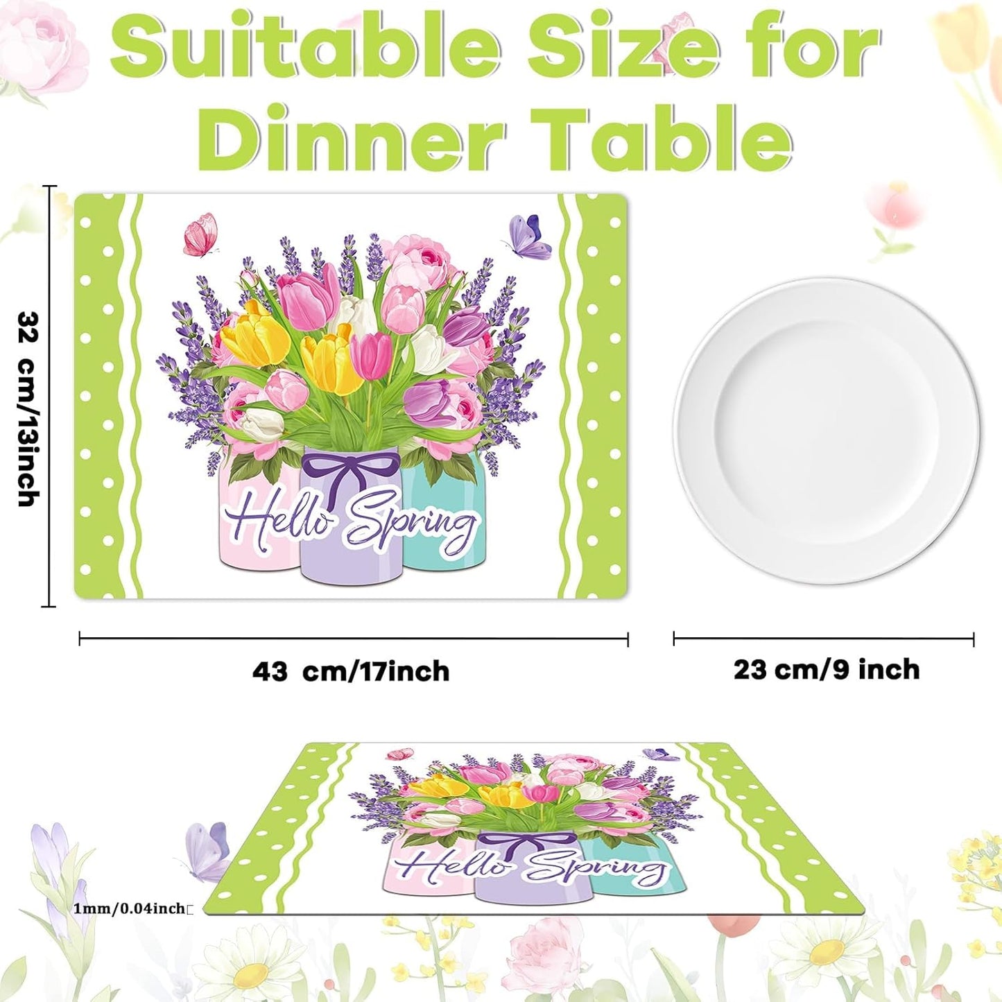 Spring Placemats Set of 6 Easter Plastic Table Mats Tulip Place Mats Washable Vinyl Flower Vase Spring Table Decoration for Indoor Outdoor Party Kitchen Dining