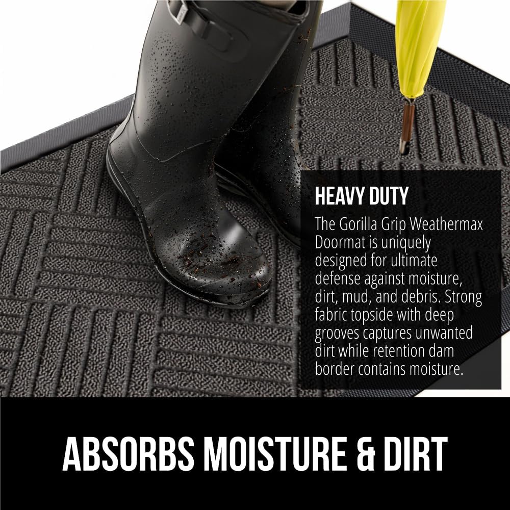 GORILLA GRIP 100% Waterproof All-Season WeatherMax Doormat, 60x24, US Designed Natural Rubber, Stain and Fade Resistant, Low Profile Indoor Outdoor Door Mats, Easy Clean Patio Mat, Gray Diamond