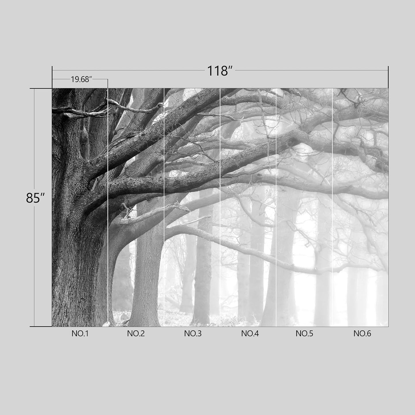 Grey Forest Big Tree Wallpaper Woodland Peel and Stick Wall Mural for Bedroom Living Room - 85"x118"
