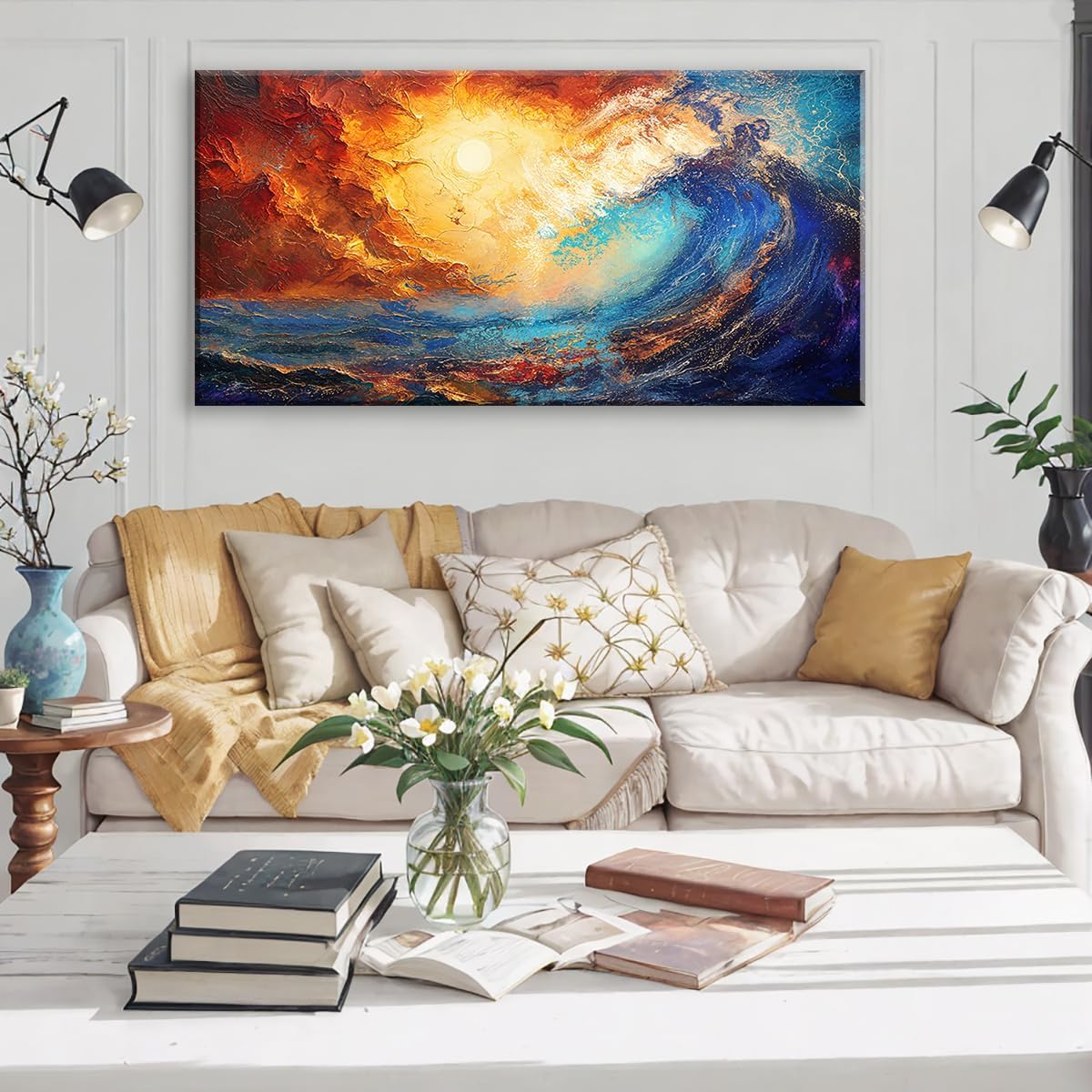 LASMOND Abstract Ocean Wall Art for Living Room Beautiful Blue Sea Wave Seawater Colorful Sky Landscape Wall Art Decor Artwork Bedroom Office (58x28 Inches)
