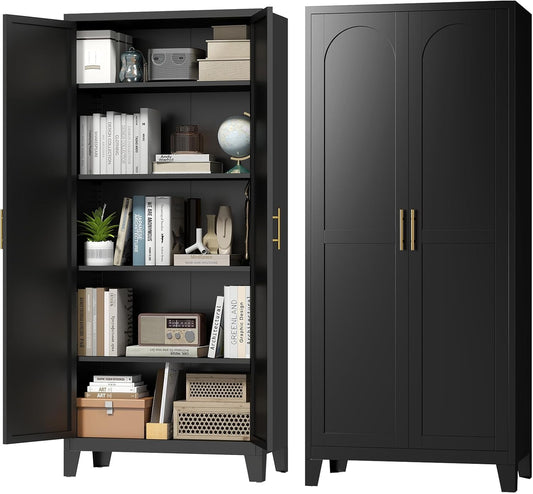 70.87" H Metal Kitchen Pantry Cabinet, Freestanding Cupboard with 2 Doors and 4 Adjustable Shelves, Tall Metal Storage Cabinet for Kitchen, Bathroom, Dinning Room or Laundry Room （Black）