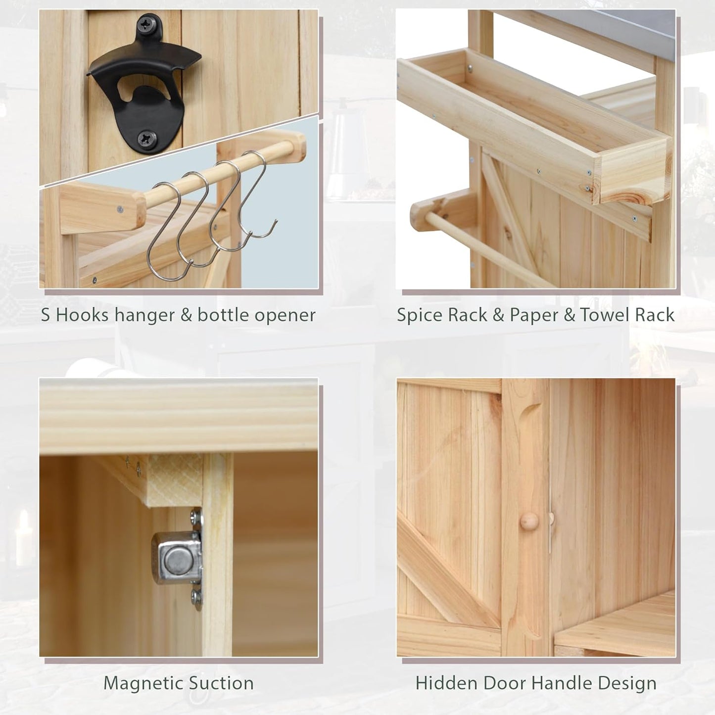 Outdoor Grill Table with Stainless Steel Top, Farmhouse Solid Wood Kitchen Island Cart with Internal Storage Rack, Outdoor Bar Cart with Storage Cabinet, Spice & Towel Rack, Natural