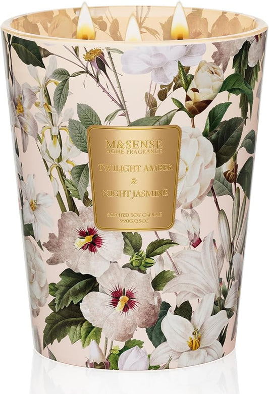 M&SENSE Amber Jasmine Scented Candle 35oz 150H Long Lasting, 3 Wick Soy Candles Aromatherapy Stress Relief Home Fragrance Housewarming Gifts