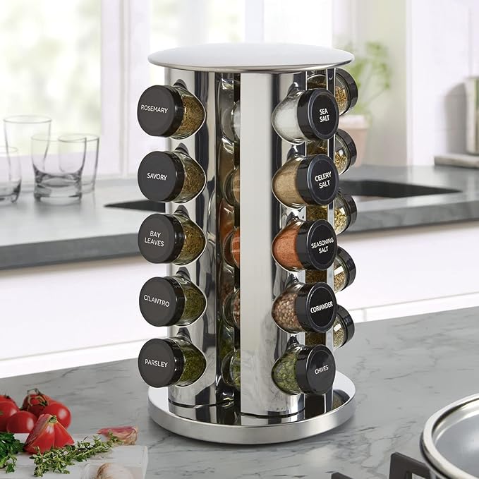 Kamenstein 20 Jar Revolving Countertop Spice Rack with Spices Included, FREE Spice Refills for 5 Years, Polished Stainless Steel with Black Caps, 30020 (Pack of 3)
