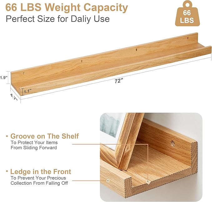 Floating Picture Ledge Shelves 72 Inch Solid Oak Wood Set of 2, Rustic Wall Storage Shelves with Lip, Kids Bookshelf, Photo & Picture Ledge Shelves for Bedroom, Living Room, Kitchen