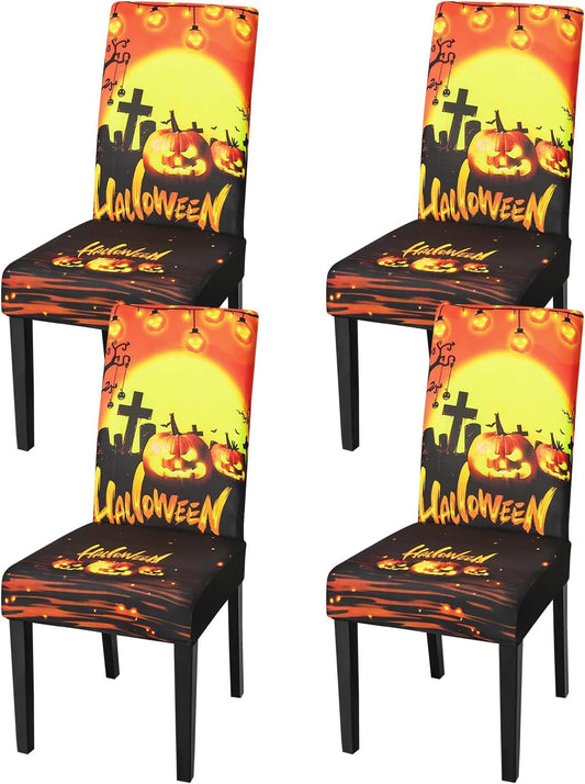 JQinHome Orange Halloween Chair Slipcover, Pumpkin Chair Covers Set of 4, High Stretch Washable Chair Protector Cover for Dining Room, Kitchen,Home Party,Wedding Ceremony(Orange,4PC)