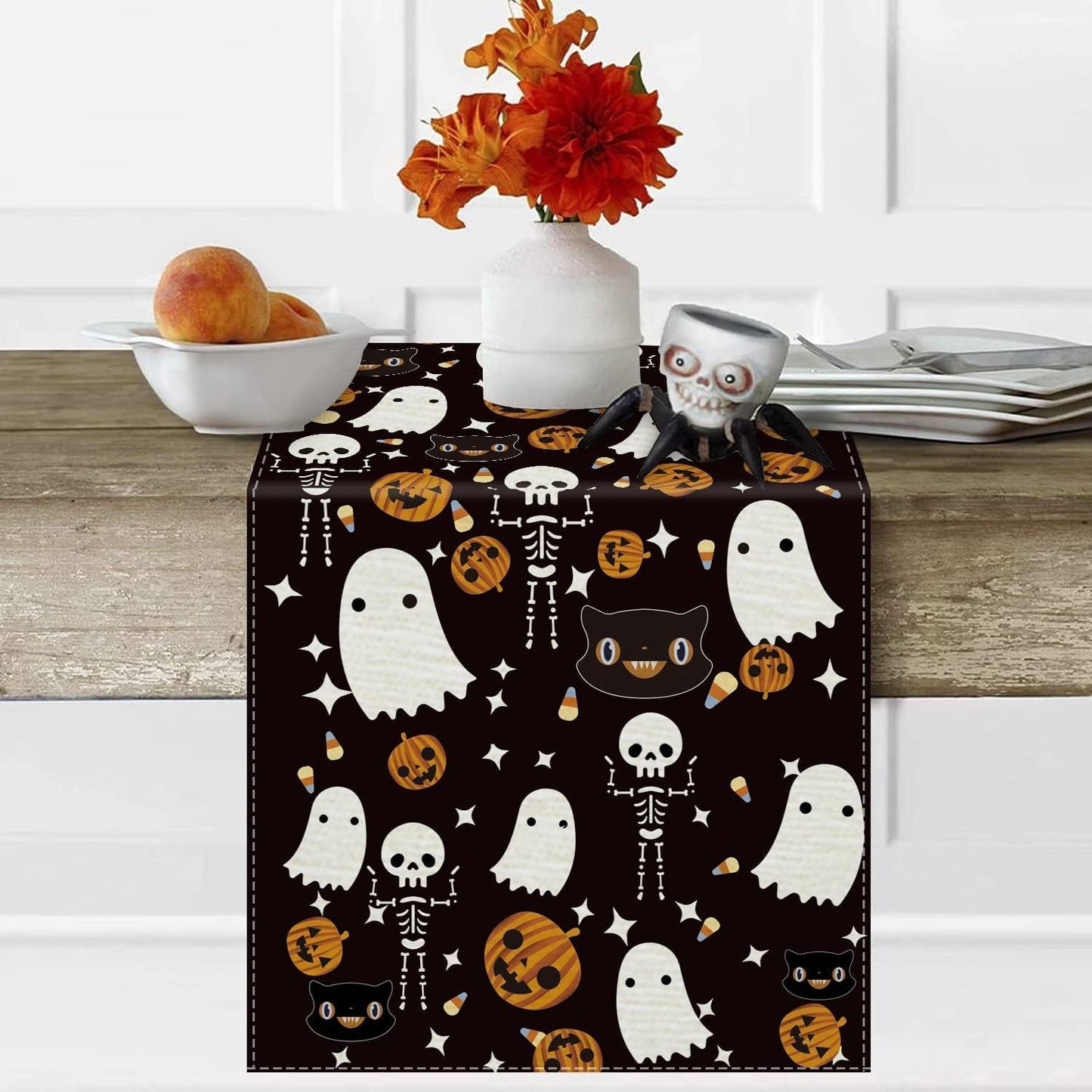 GAGEC Halloween Table Runner Black Cat Pumpkins Seasonal Kitchen Dining Table Home Outdoor Party Decorations (13'' x 48'')