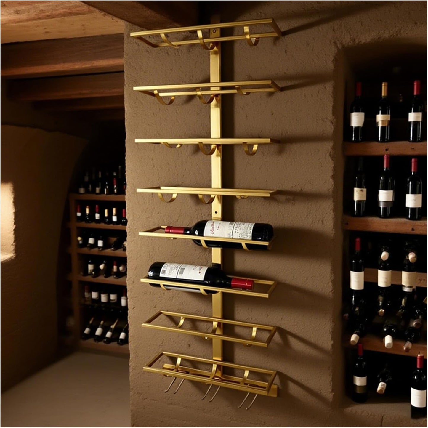 8 Bottle Wall Mount Wine Rack with Wine Glass Holder, Metal Wine Wall Rack, Wall Racks for Wine Bottles Display and Storage, Hanging Bottle Organizer for Living Dining Room Wine Cellar Bar (Gold)