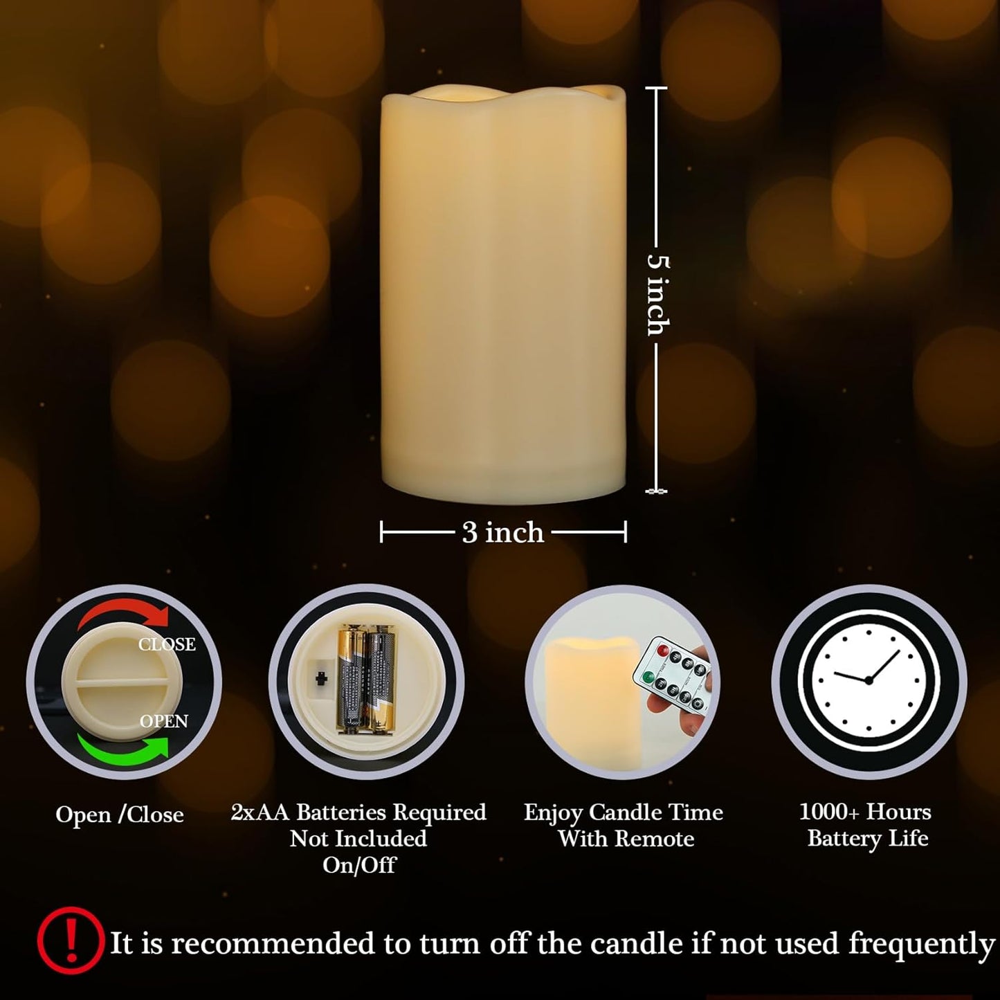 3" x 5" Outdoor Flameless Candles with Remote and Timer, Battery Operated LED Flickering Plastic Pillar Candles for Home Wedding, Ivory, 1 Pack