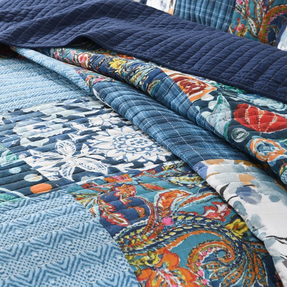 Autumn Dream Cotton Bedspread Quilt Sets Reversible Bedding Coverlet Sets, Luxury Vintage Paisley Floral Patchwork Blue Bedspread, Queen Size