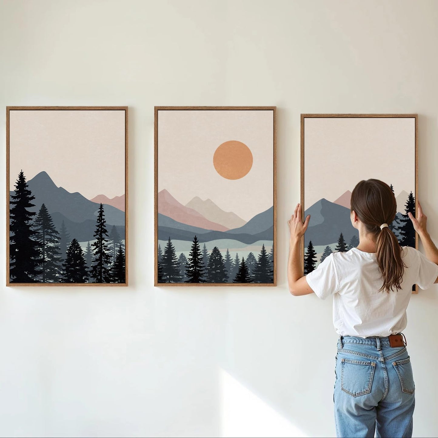 Tinonedraw Boho Mountain Framed Canvas Wall Art Set of 3, Watercolor Nature Landscape Art Prints, Modern Sunrise Art Paintings, Black Pines Tree Forest Wall Decor for Living Room Bedroom Office 16"x24"x3