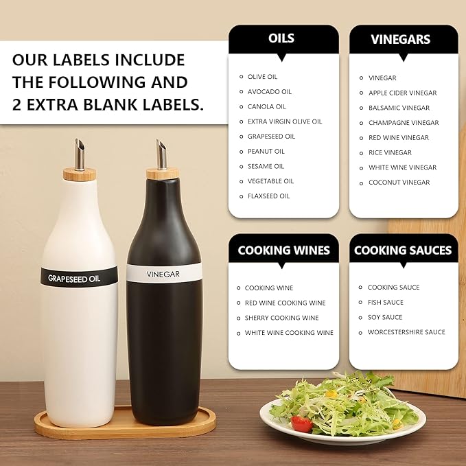 HOMCDALY Olive Oil and Vinegar Dispenser Set, Two 16oz Ceramic Oil Dispenser for Kitchen, Kitchen Dispenser Bottle for EVOO Vinegar Syrups, Modern Farmhouse Design| Set of 2 –Black &white
