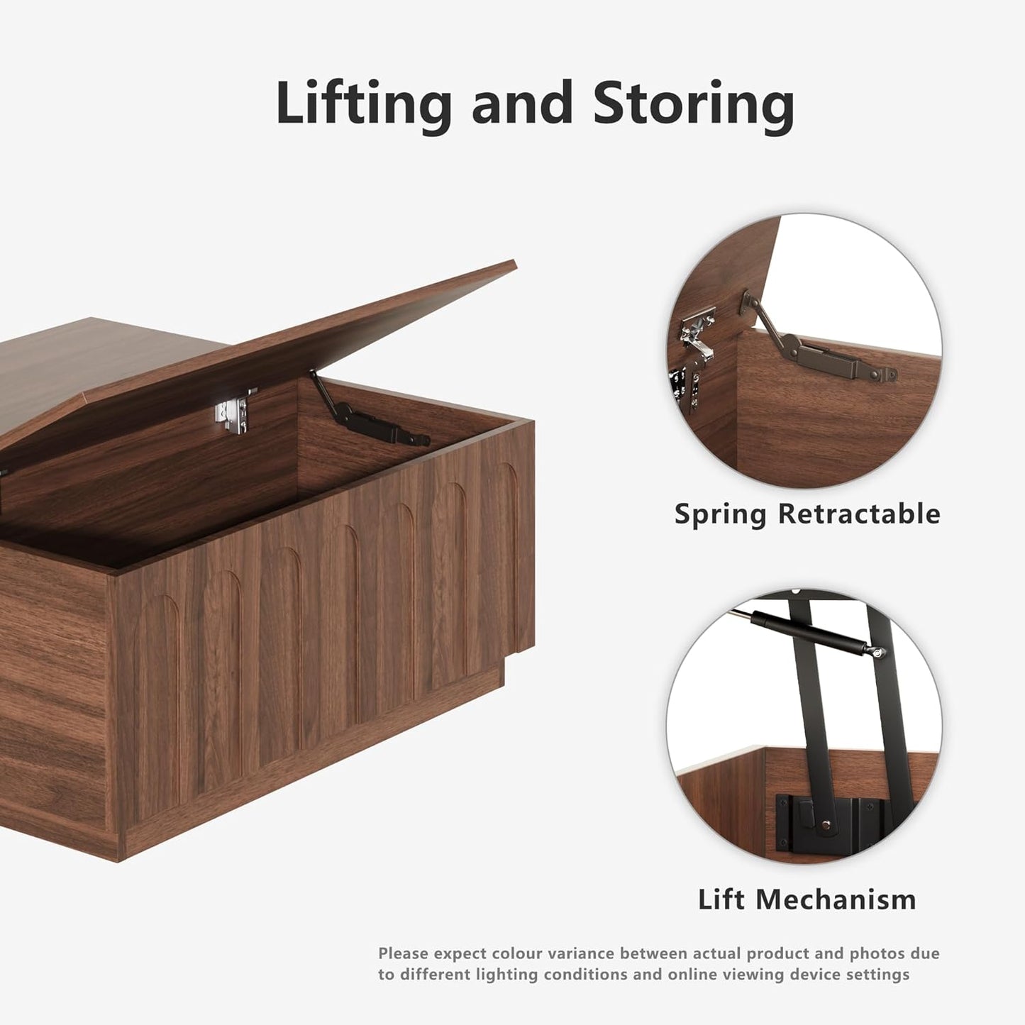 Lift Top Coffee Table with Storage, Mid Century Modern Coffee Table with Arched Design, 31.5" Square Tea Table with Wood Grain, Multifunctional Center Table for Living Room, Office, Walnut