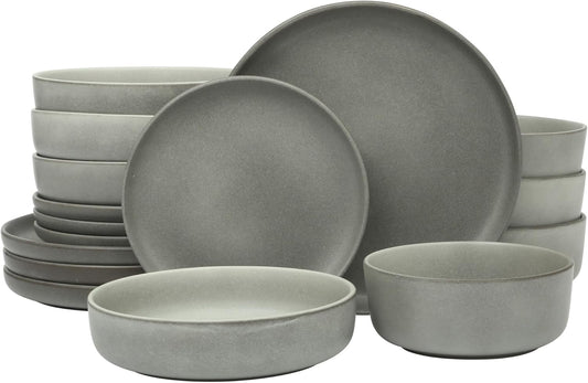 Gibson Elite Pasco 16 Piece (Service for 4) Plates and Bowls Double Bowl Reactive Glaze Dishes Stoneware Ceramic Dinnerware Set - Grey