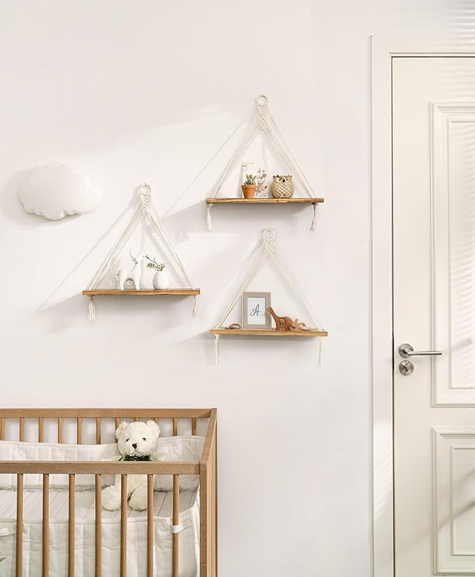 Mkono Macrame Hanging Shelves Boho Wall Decor Set of 3 Rustic Wood Floating Storage Shelf for Bedroom Bathroom Living Room Nursery Dorm Room, Display Shelving for Hanging Plants Photos