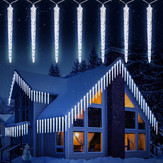 Brightown Christmas Meteor Shower Icicle Lights Outdoor, 30ft with 30 Tube 720 LED Dropping Effect, Waterproof Decorations for House Eave Roofline, Cool White
