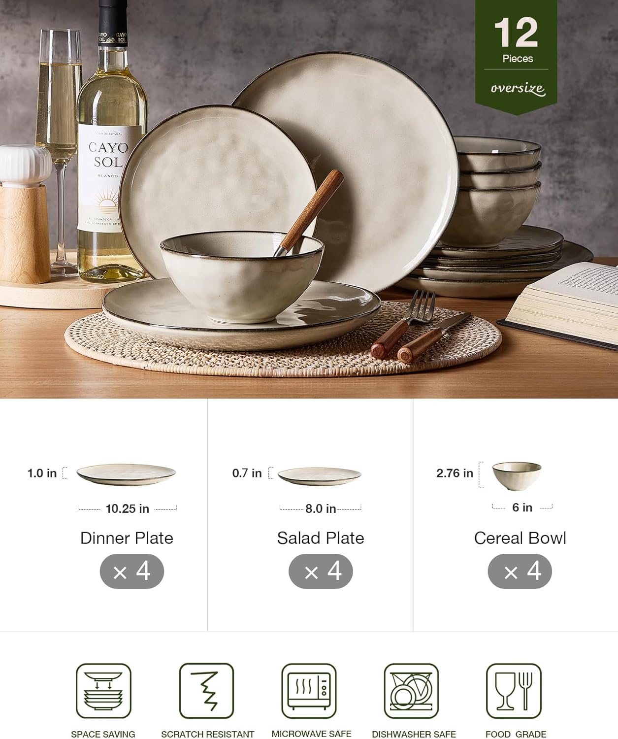 Famiware Dinnerware Sets for 4, Ocean Round 12-Piece Kitchen Plates and Bowls Sets, Microwave and Dishwasher Safe, Scratch Resistant, Light khaki