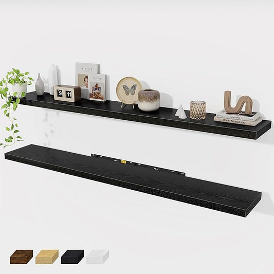 Fun Memories 72 Inch Floating Shelves for Wall 2 Pack Shelves for Bedroom|Kitchen|Bathroom 72 x 9.3 Inch Wood Floating Shelf with Invisible Brackets for Books|Storage|Decor, Black