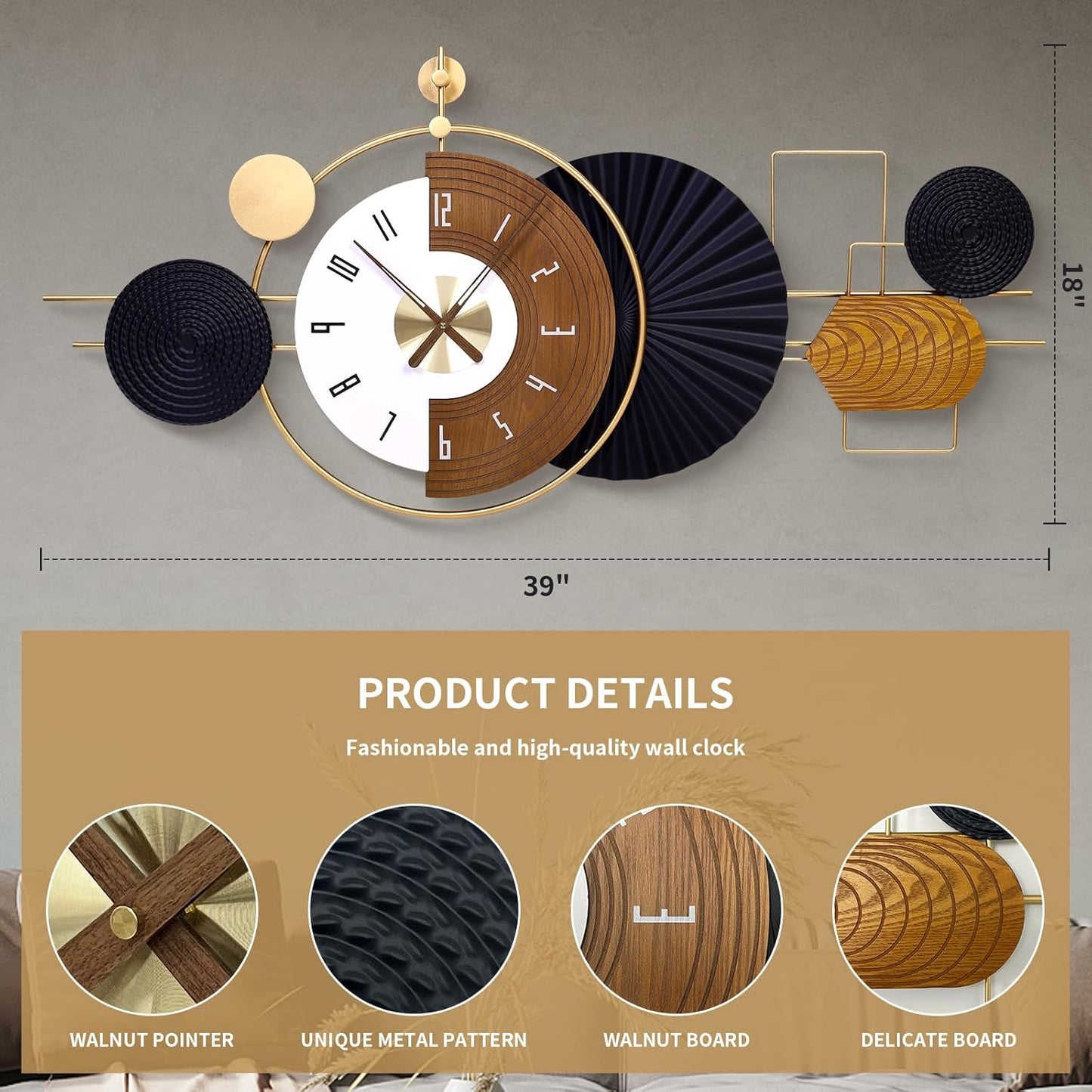 38.9X18inch Extra Large Wall Clock Battery Operated Decorative Modern Clocks for Living Room,Luxury Geometric Wall Clock Artistic Iron Wood Clocks for Suitable for Bed Room, Kitchen, Office