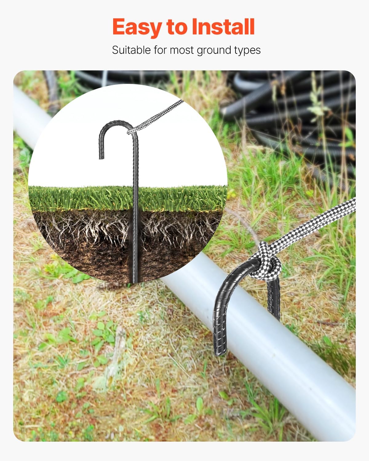 VEVOR Rebar Stakes, 16-Inch, Heavy-Duty 0.4 in Diameter J Hook, Galvanized Steel Ground Anchors with Chisel Point End & Rust-Resistant Coating, for Gardening Support, Fence, Camping Tents (16-Pack)