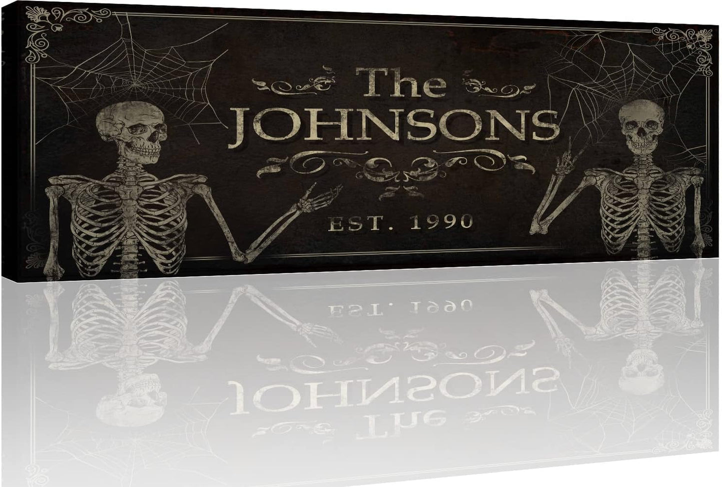 Tailored Canvases Gothic Family Wall Decor - Personalized Grunge Vintage Skeleton Room Decor for Home, Halloween Lovers, Men & Women for Bedroom, Living Room - Goth Spooky, Custom Couple Name, 36"x12"