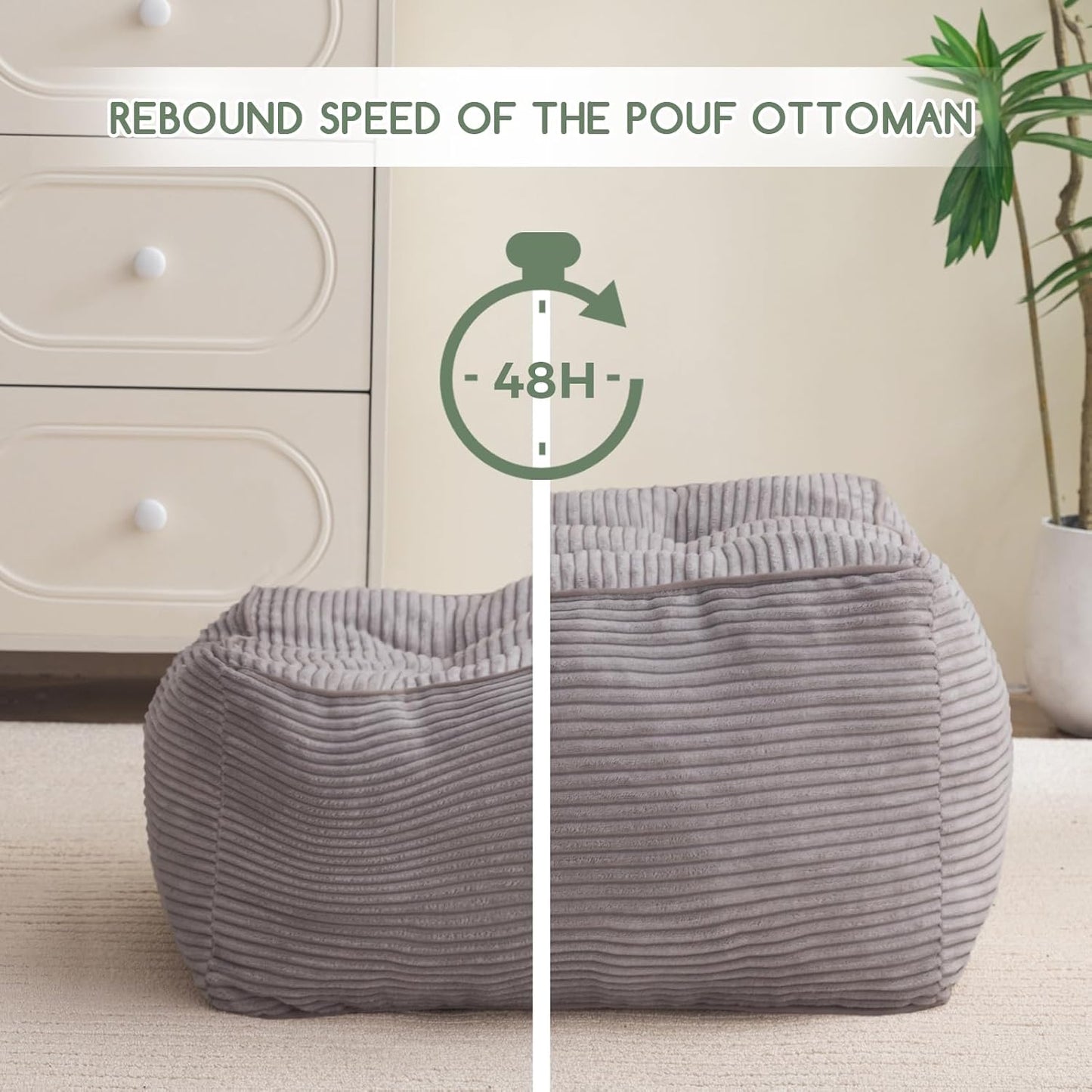 HIGOGOGO Square Stuffed Pouf Ottoman, Corduroy Poufs with Foam Chunk Filling, Furry and Fluffy Pouf Foot Stool Storage Ottoman, 25.6 X 25.6 Floor Poufs Foot Rest for Living Room, Grey