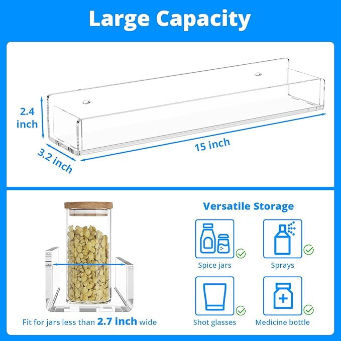 NIUBEE Wall Mounted Spice Rack Organizer,3 Pack Clear Acrylic Spice Shelf Storage Holder,Hanging Seasoning Rack Organizer for Wall Kitchen Pantry Cabinet Door