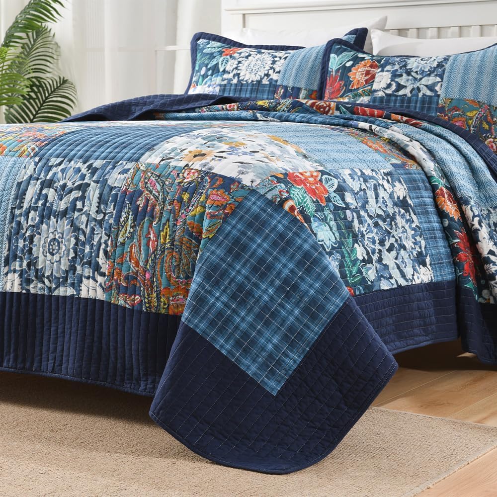 Autumn Dream Cotton Bedspread Quilt Sets Reversible Bedding Coverlet Sets, Luxury Vintage Paisley Floral Patchwork Blue Bedspread, King Size