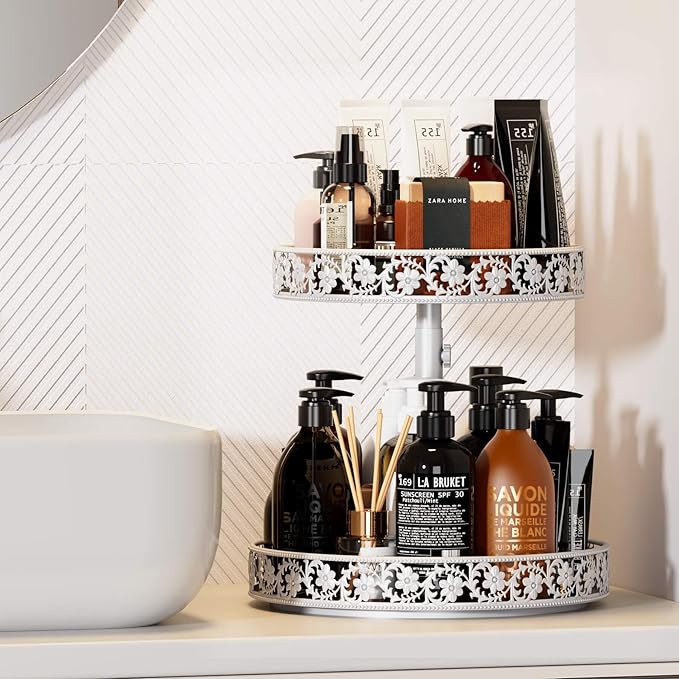 2 Tier Lazy Susan Organizer Turntable Adjustable,12 Inch Two Tier Lazy Susan Metal Easy Assembly Cleaning, Rotating Spice Rack Organizer for Cabinet Dining Table Kitchen Countertop White