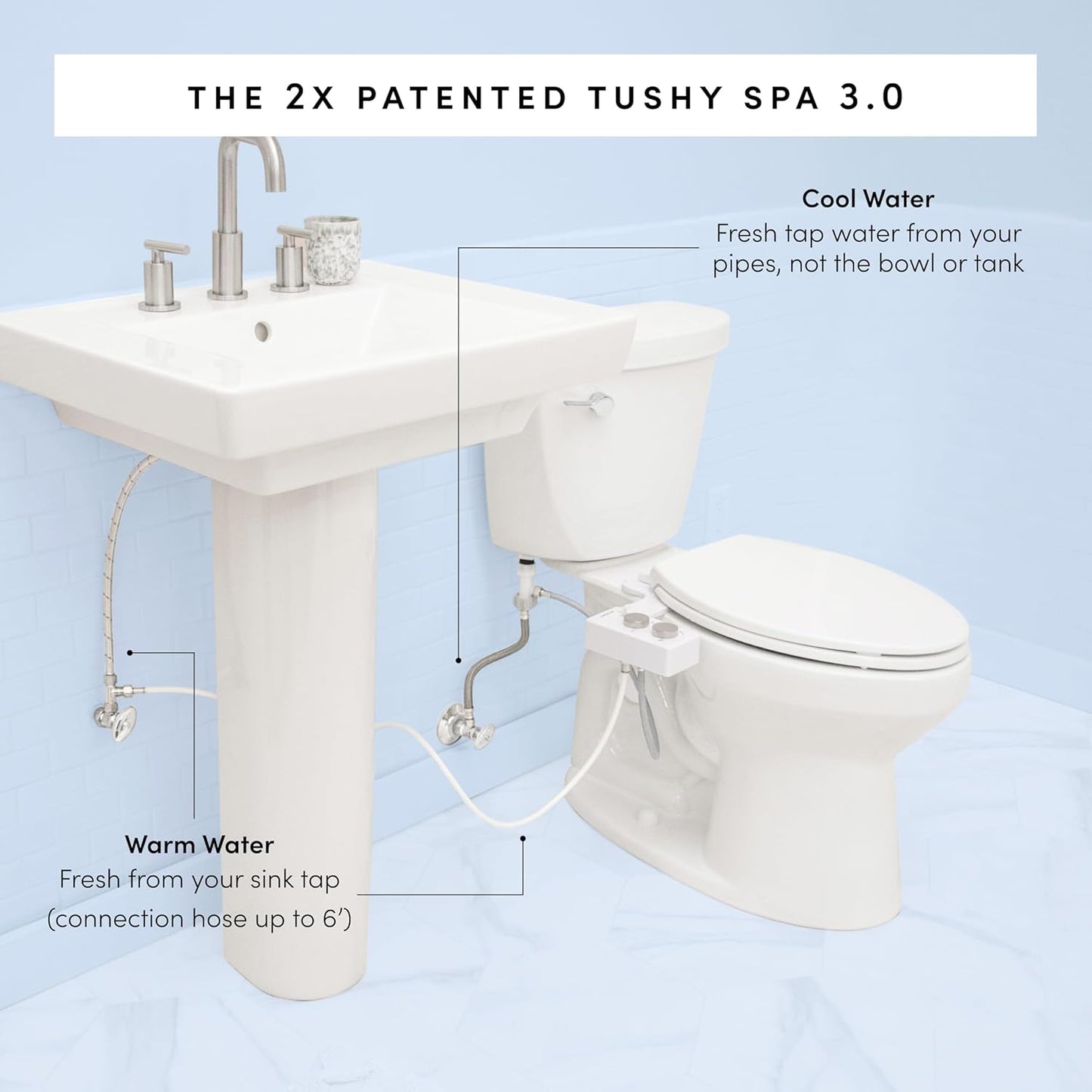 TUSHY Spa Self-Cleaning Warm Water Toilet Bidet Attachment. Adjustable Nozzle, Angle & Pressure Control. Easy DIY Home Install, Requires Sink Access for Optional Warm Water Control. (Biscuit/Platinum)