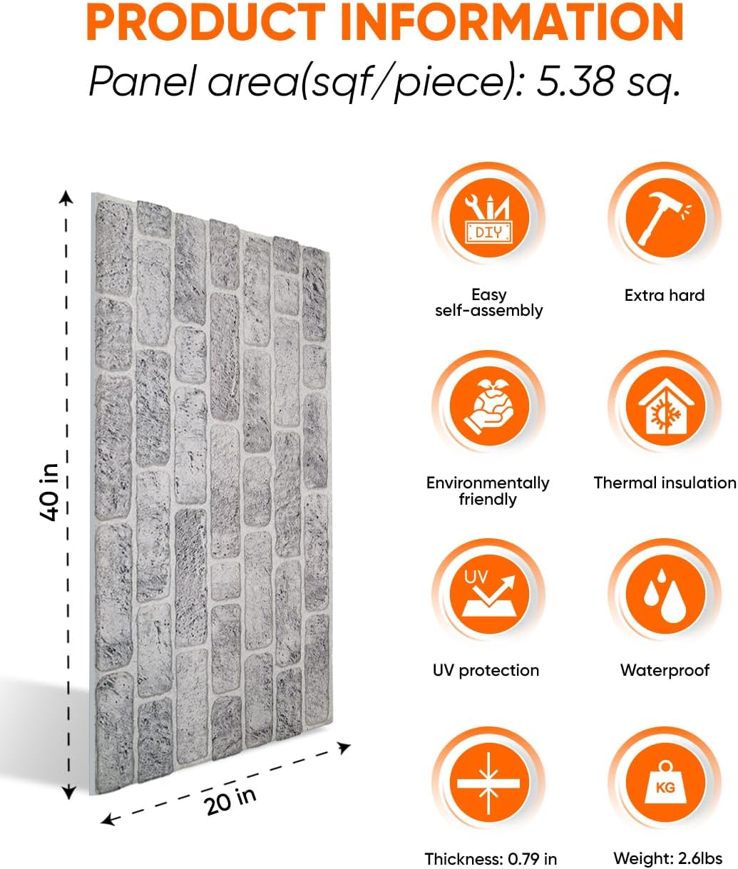 IZODEKOR 3D Wall Panels Brick Effect - Cladding, Stone Look, Styrofoam Facing for Living Room, Kitchen, Bathroom, Balcony, Bedroom, Back of Counter | White Grey (10 x Panels) - Covers 53 sq ft