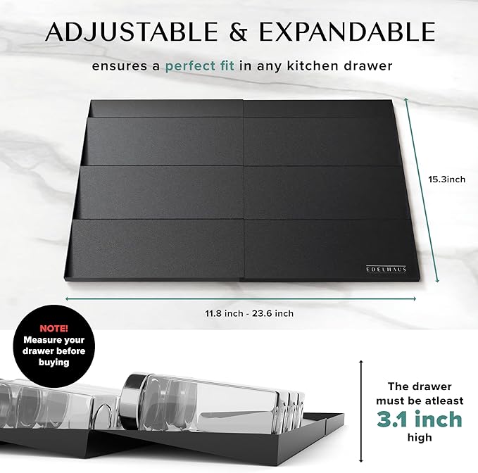 Spice Drawer Organizer - Expandable Spice Rack for Drawer, Black Seasoning Organizer for Drawer Spice Organizer, Spice Organization Seasoning rack insert for Cabinet (Jars Not Included)