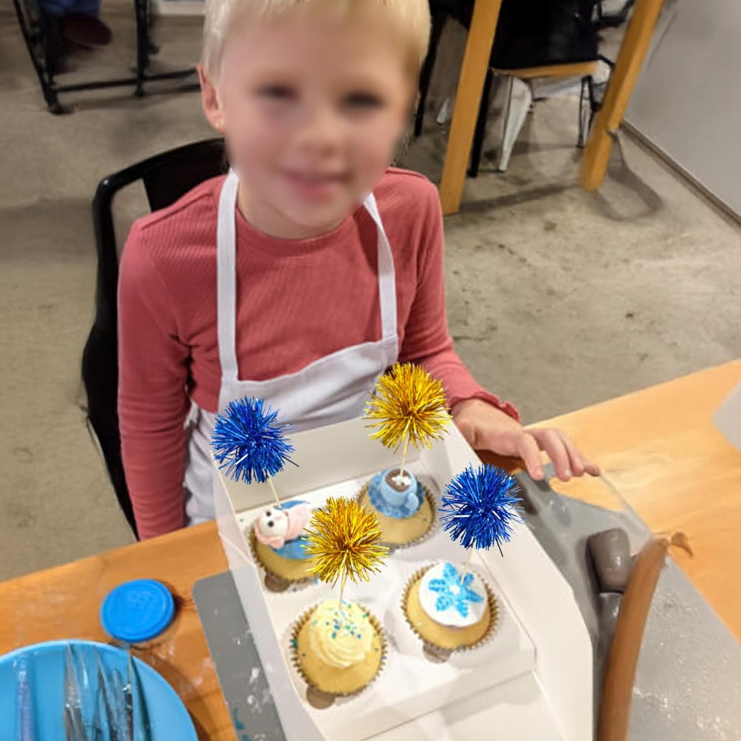 Ephlyn 30Pcs Foil Firework Cupcake Toppers Sparkles Fireworks Sticks Birthday Decorations Sparkle Tinsel Cocktail Fruit Toothpick for Birthday Wedding Graduation Party Cake Decorations Dark Blue Gold