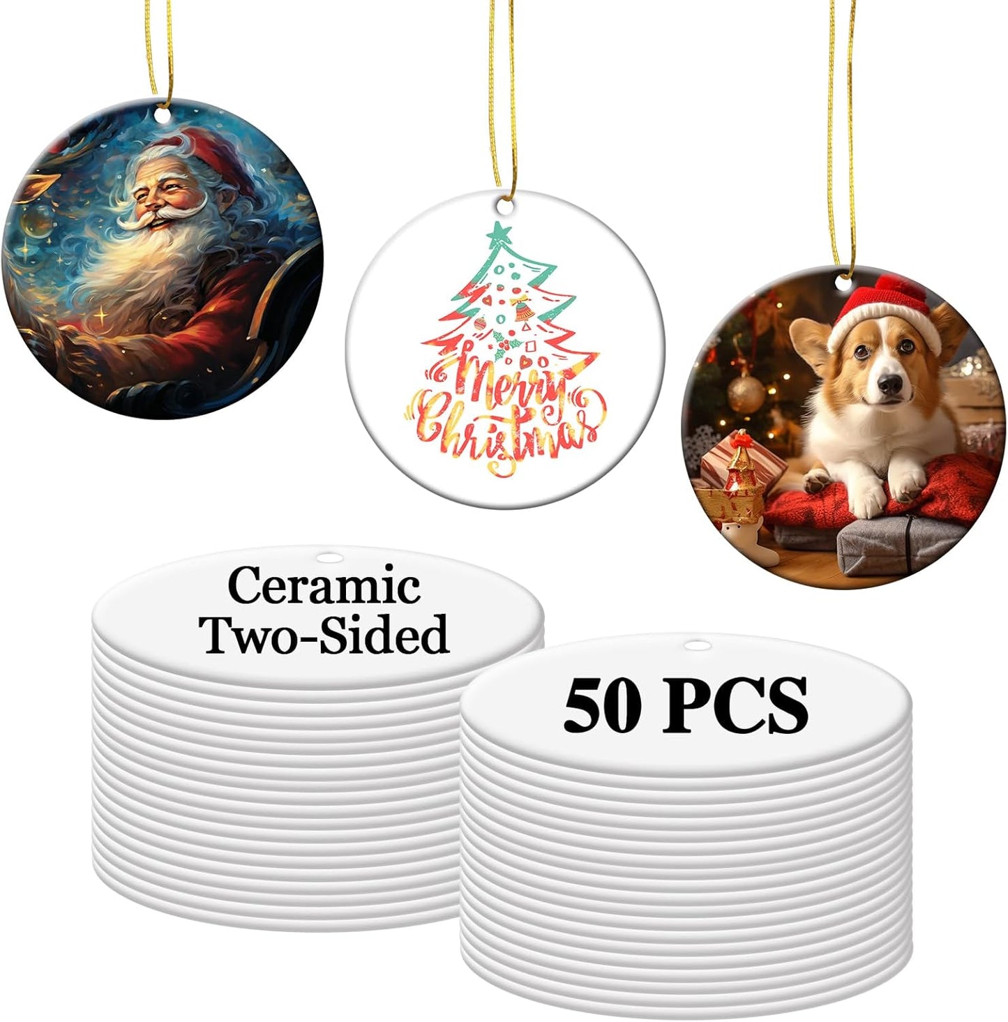 50 PCS Sublimation Ceramic Ornament Blank Round Two-Sided Printed White Ceramic Decoration Handmade DIY Personalized Christmas Home Decoration Bulk 3 inch