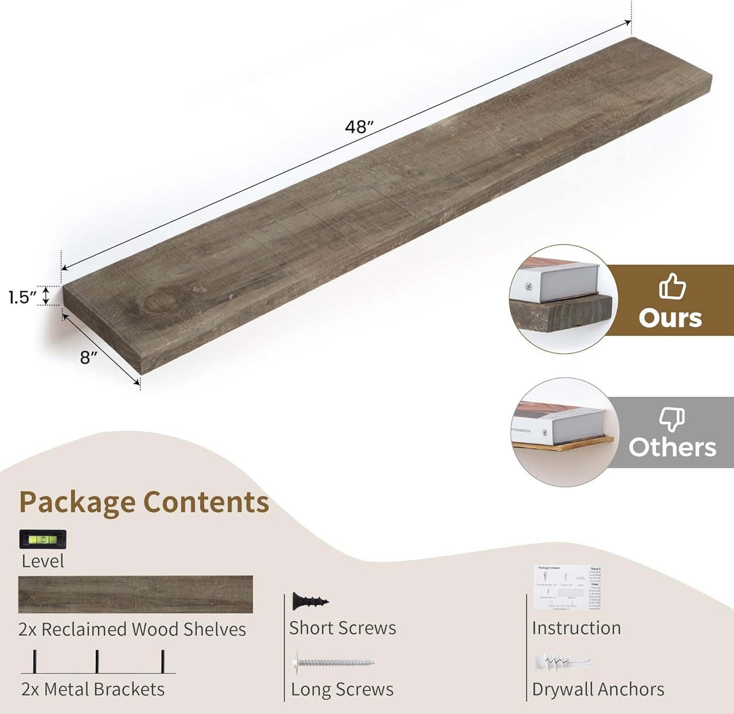 48 Inch Fireplace Mantel Shelf - 8 Inch Deep Rustic Solid Reclaimed Wood Floating Shelf, Wall Mounted Farmhouse Display Shelf with Invisible Heavy Duty Metal Bracket, Set of 2, Cement Grey