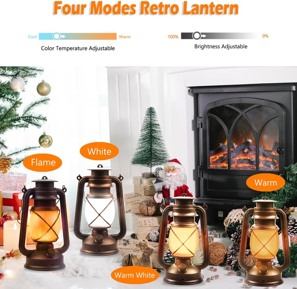 Lantern LED Battery Powered Camping Lamp Outdoor Hanging Lantern Flickering Flame Rechargeable Retro Lanterns Remote Control 4 Modes Light Non-Solar 2 Pack