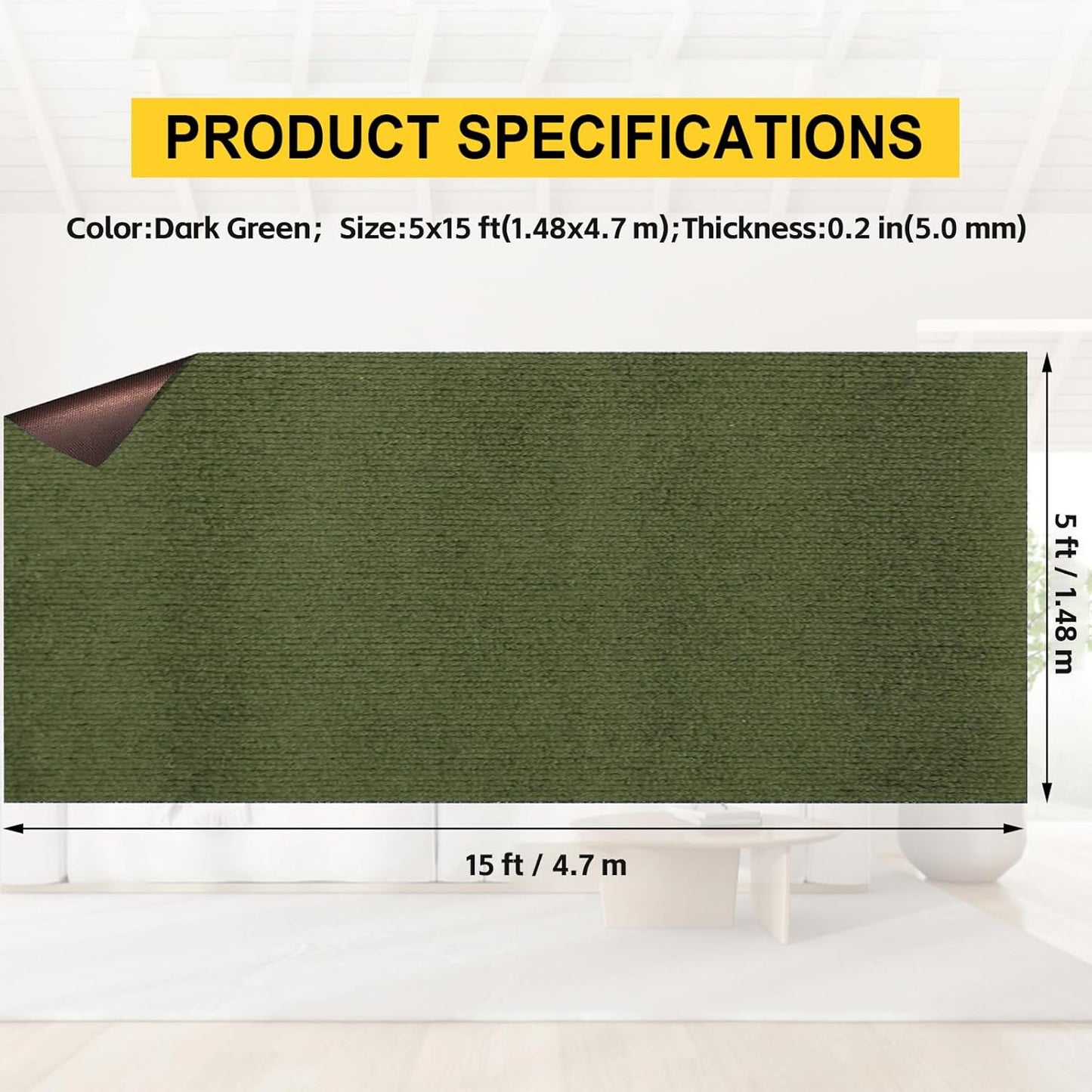 Marine Carpet,5 FT x 15 FT Olive Green Indoor Outdoor Carpet 0.2" Thick with Water-Proof TPE Backing, Non-Slide for Home, Patio, Porch, Deck