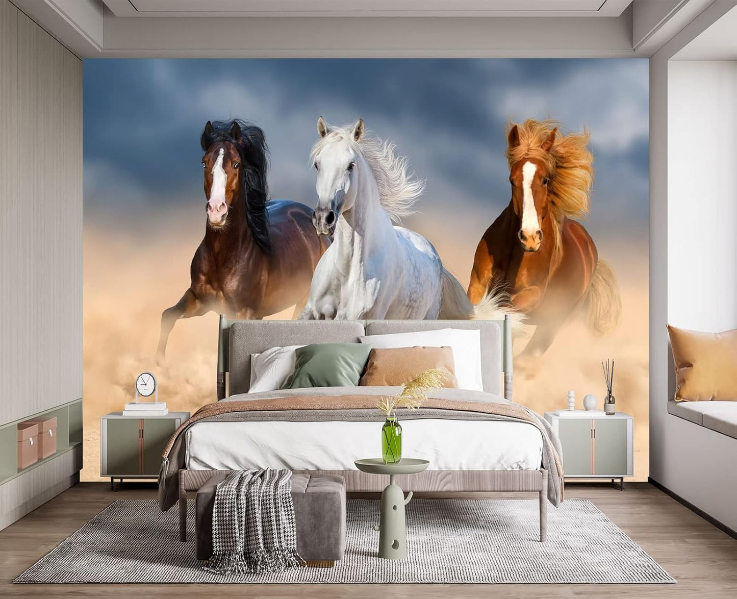Three Running Horses Chinoiserie Wall Mural Wallpaper for Bedroom 137" x 100"