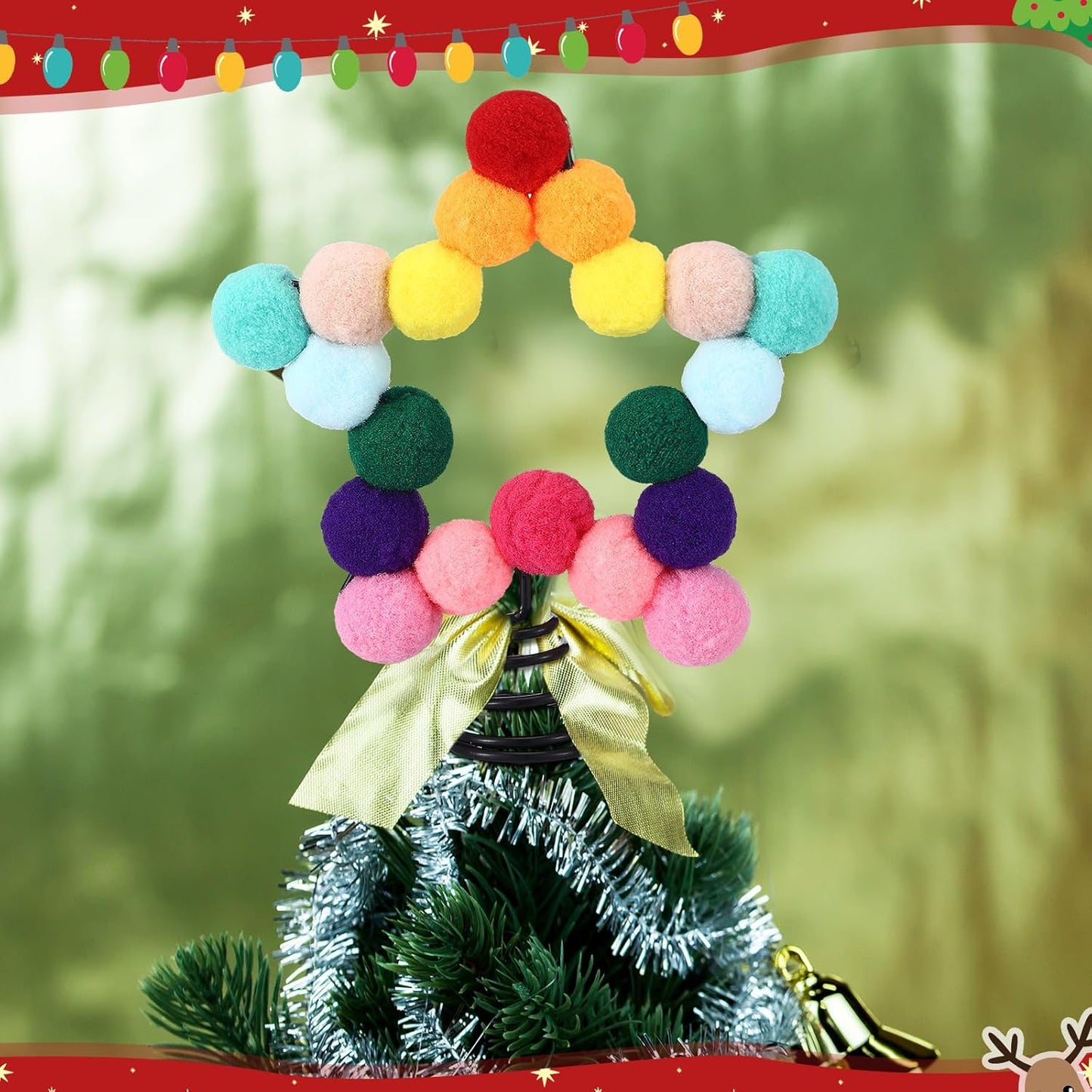 Rainbow Mini Felt Ball Star Christmas Tree Topper Small Colorful Pom Pom Felt Ball 4.7 x 5.9 Inch Tiny Xmas Tree Topper Colorful Five Pointed Star Xmas Ornaments for Decoration