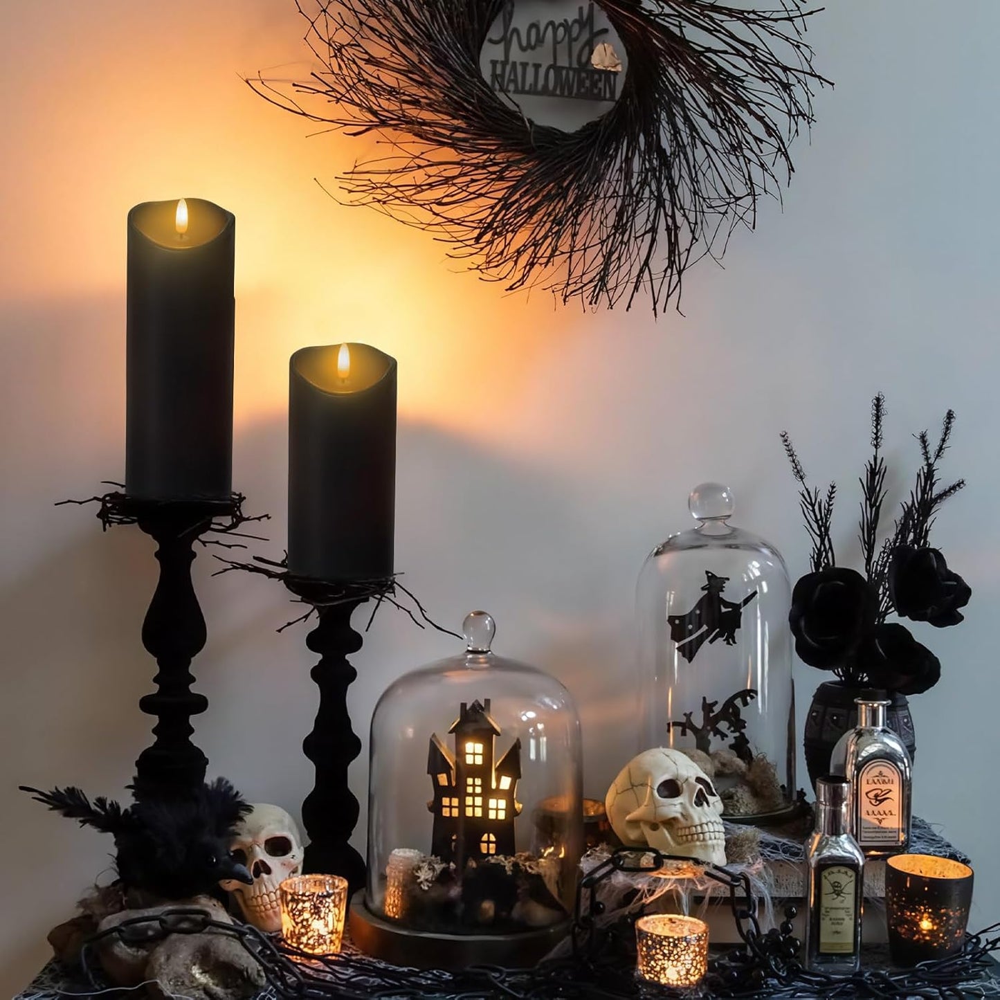 NURADA Outdoor Flameless Candles with Remote Timer - Waterproof Realistic Flickering LED Pillar Electric Battery Operated Fake Candle for Home Halloween Holiday Party Decor - 2 Pack Black(D3”H6”6”)